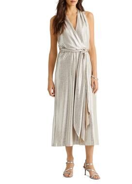 Ralph Lauren Cream Gold Cocktail Dress Metallic Halter Sleeveless Wrap Size 10